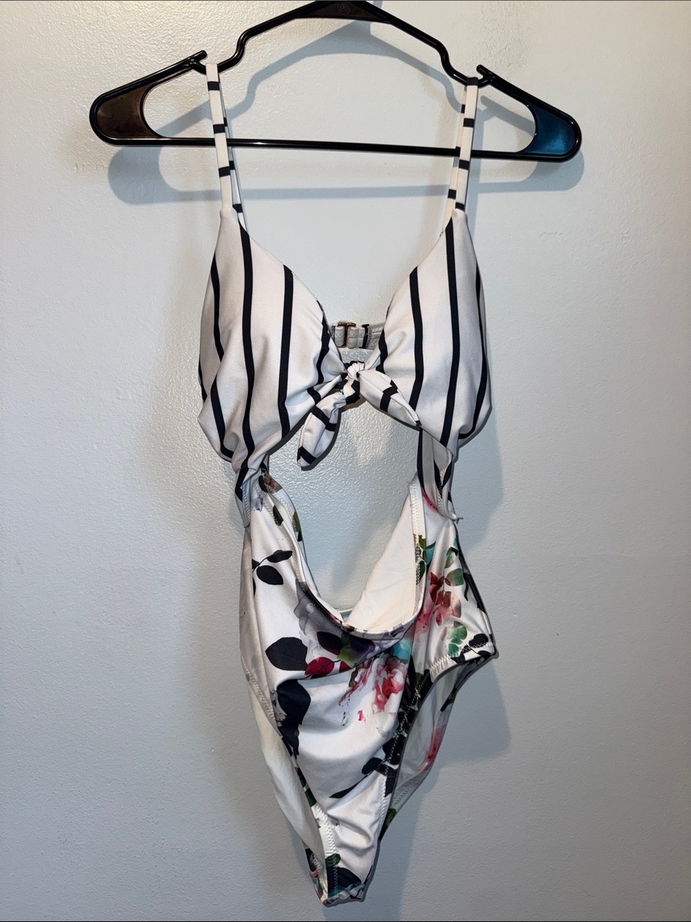 ModCloth Medium White & Black Striped Floral Cutout One-Piece